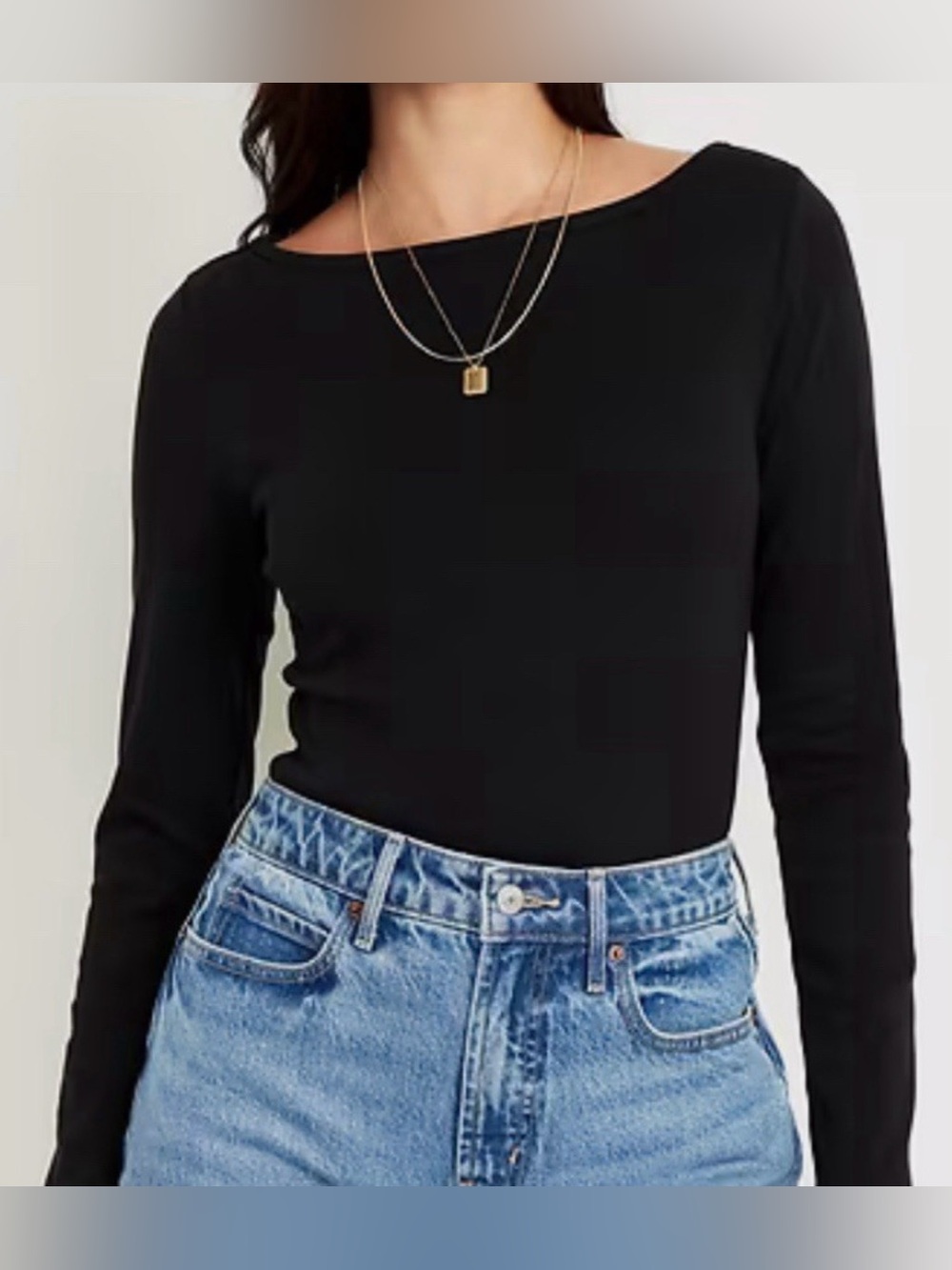Old Navy Classic Snug Long Sleeve Boat-Neck T-Shirt Black Mod Women Sz S